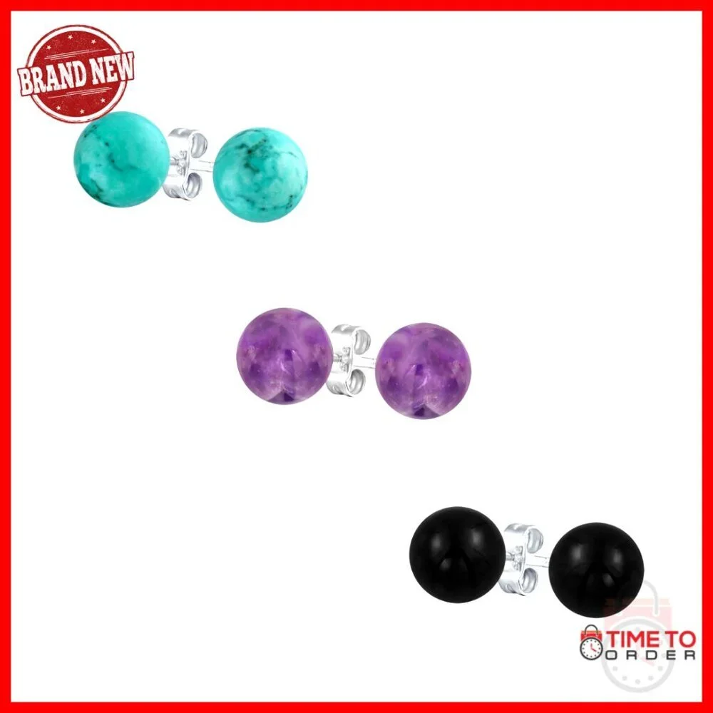 8mm Sterling Silver Gemstone Ball Stud Earrings Set of Three